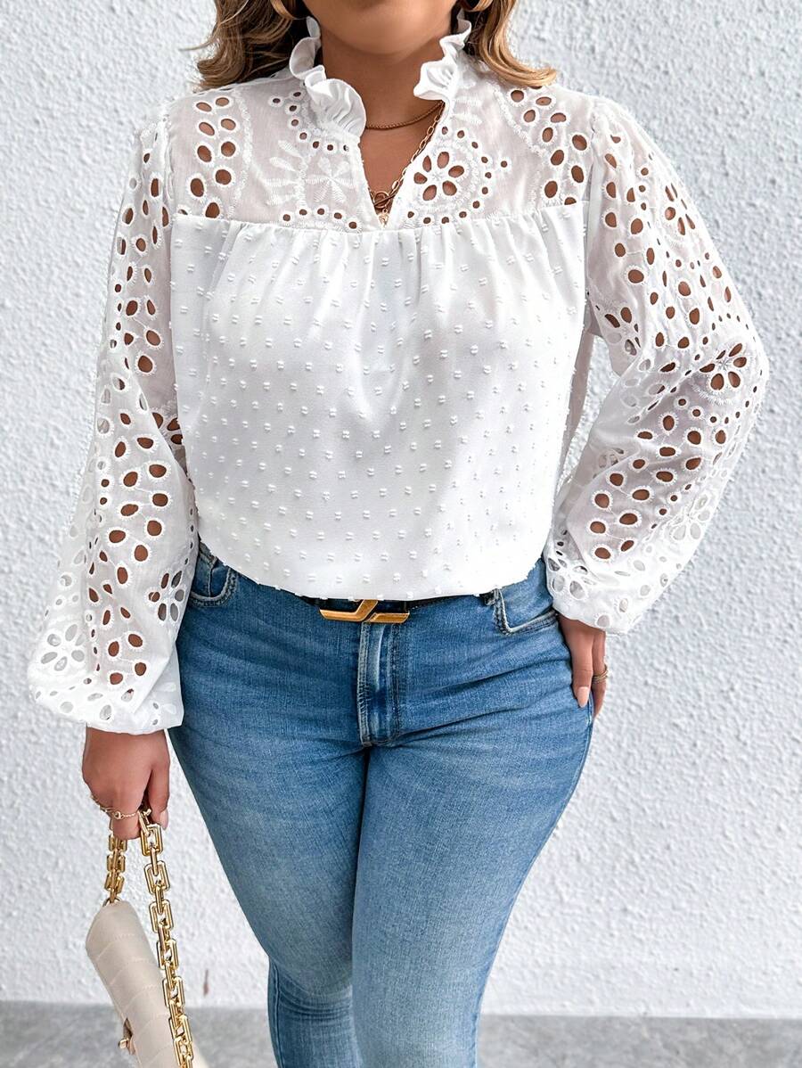 Calvaya 大碼圓點褶邊燈籠袖襯衫 - 白色 - 查看 1