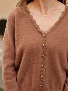 SHEIN Frenchy Lace Trim Button Detail Sweater - Brown - View 6