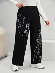 SHEIN Essnce Plus Figure Graphic Wide Leg Pants - Black - View 4