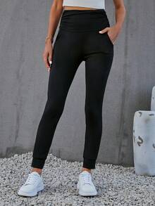SHEIN LUNE Solid Slant Pocket Leggings - Black - View 3