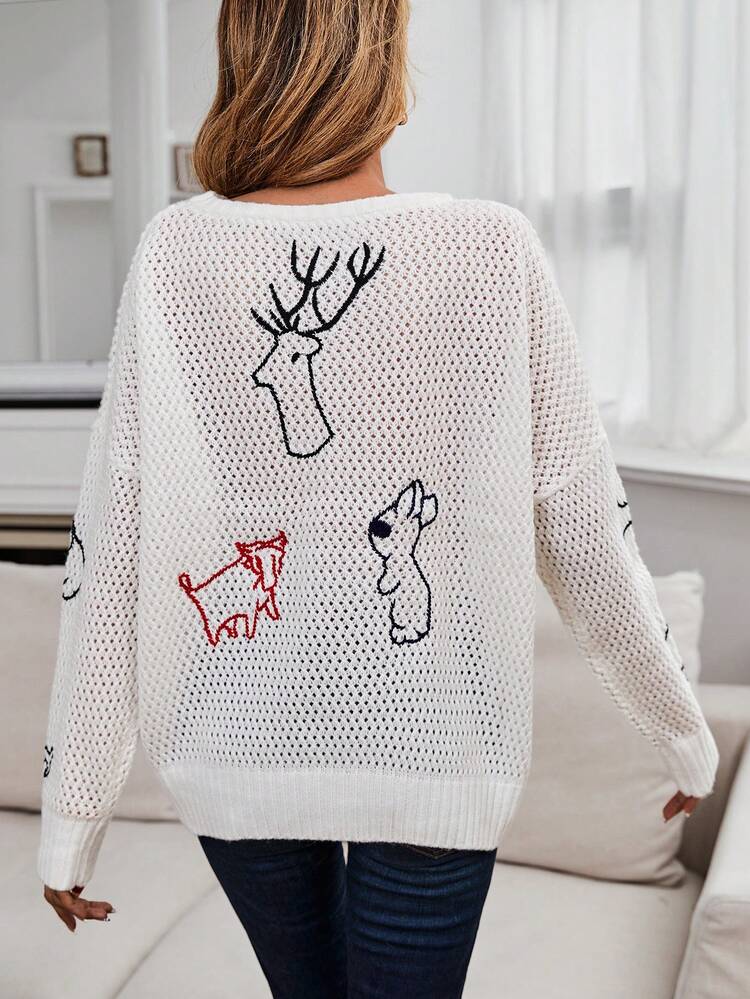 Cartoon Pattern Drop Shoulder Pointelle Knit Pullover Fall Winter Sweater