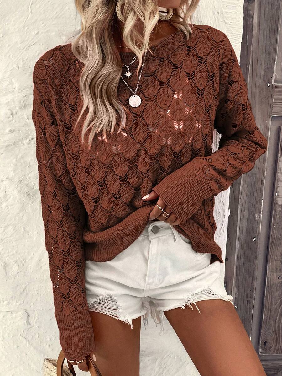 SHEIN VCAY Jersey unicolor de hombros caídos de punto de malla - Marrón - Ver 1