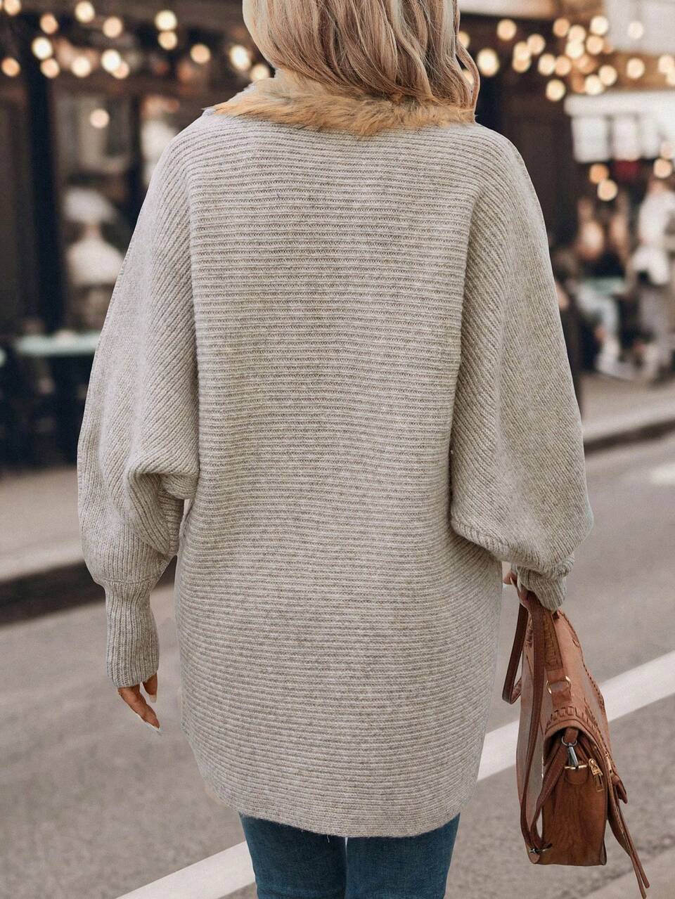 Fuzzy Trim Batwing Sleeve Duster Cardigan