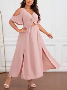 SHEIN Privé Plus Cold Shoulder Twist Front Cut Out Split Thigh Dress - Dusty Pink - View 3