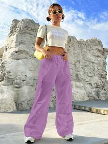 SHEIN EZwear Túi nắp bên cạnh Eo dây rút Quần Cargo - Màu tím - Xem 5