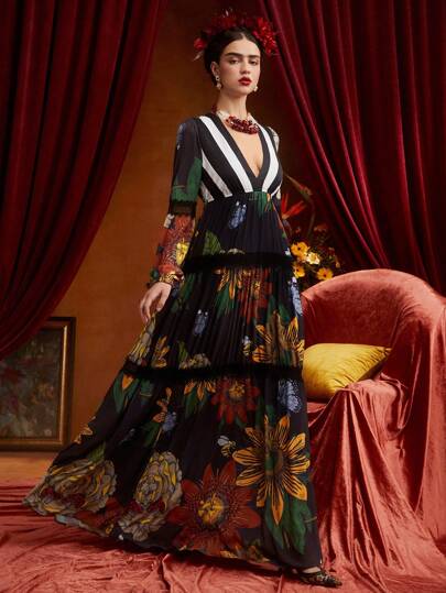 Frida Kahlo X SHEIN X Designer ISELACOS Vestido con cuello en V con inserto de encaje y estampado floral - Vestido elegante de diseñador para mujer, para otoño, vacaciones, fiesta, Acción de Gracias, atuendos de cumpleaños, primavera, festival