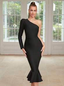 One Shoulder Mermaid Hem Solid Bandage Dress - Black - View 3