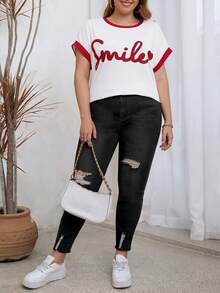 SHEIN Franclia Plus Letter Graphic Contrast Binding Batwing Sleeve Tee - Multicolor - View 5