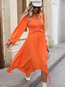 SHEIN Clasi 燈籠袖百褶手帕下擺洋裝 - 橘色 - 查看 6