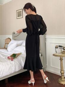 DAZY Solid Button Front Mermaid Hem Dress - Black - View 2