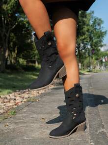 Styleloop 女性時尚西部風格切設計粗跟美式短靴帶側拉鍊 - 黑色 - 查看 5