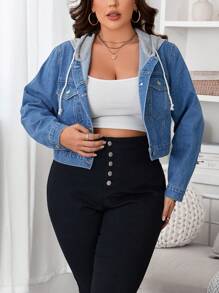 SHEIN Essnce Plus Flap Pocket Drawstring Hooded 2 In 1 Denim Jacket - Light Wash - View 3