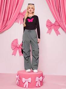 SHEIN Teen Girl Flap Pocket Drawstring Waist Cargo Pants - Grey - View 4