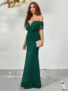 SHEIN Belle 一字肩流蘇邊洋裝 - 綠色 - 查看 6