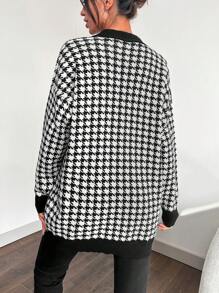 EURMUSE Women's Houndstooth Long Sleeve Metal Single-Breasted Casual Loose Knit Cardigan, Autumn/Winter - Black and White - View 2