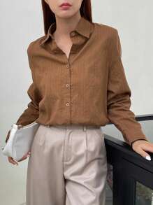 DAZY Women's Business Casual Solid Color Loose Fit Long Sleeve Blouse Fall Tops - Brown - View 6