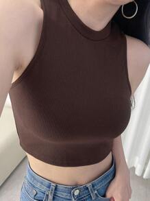 DAZY Top tank crop unicolor de canalé - Café integral - Ver 1