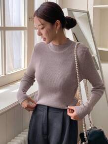 DAZY Chất rắn Cổ giả Đồ đan Ribbed Áo len - Màu Khaki - Xem 3