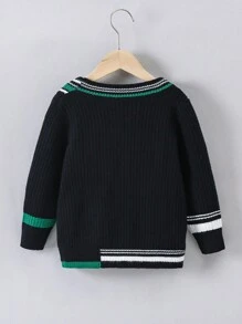 Chico joven Jersey con parche de letra ribete de rayas - Negro - Ver 2