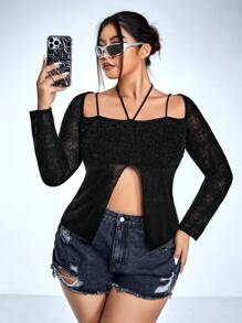 SHEIN ICON Plus Split Hem Halter Neck Asymmetrical Hem Crop Sweater