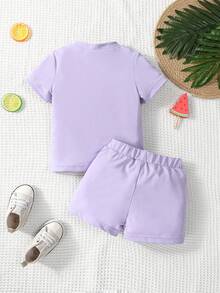 SHEIN Baby Boy Letter Graphic Tee & Shorts - Purple - View 2