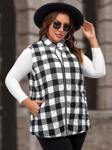 SHEIN Clasi Chaleco con cremallera y acolchado con estampado de cuadros de búfalo talla grande - Blanco y Negro - Ver 6