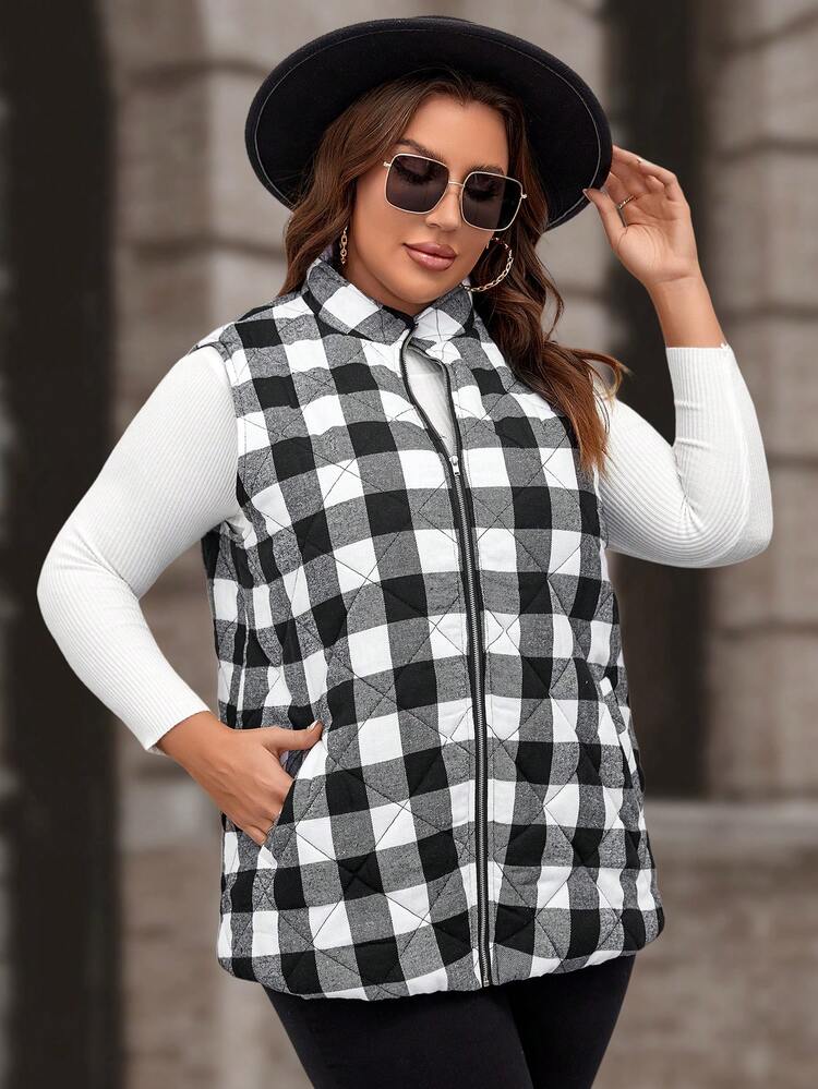 Plus Size Buffalo Plaid Print Zip Up Vest Padded Coat