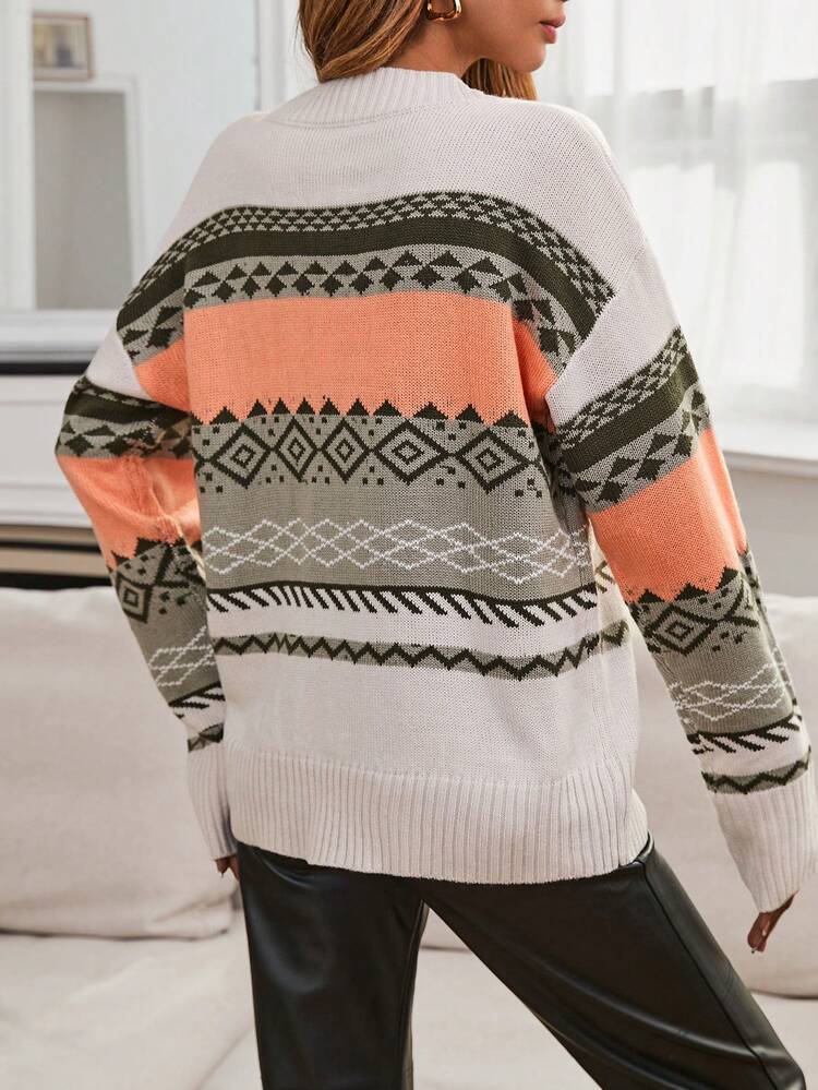 Geo Pattern Drop Shoulder Knit Pullover Fall Winter Sweater