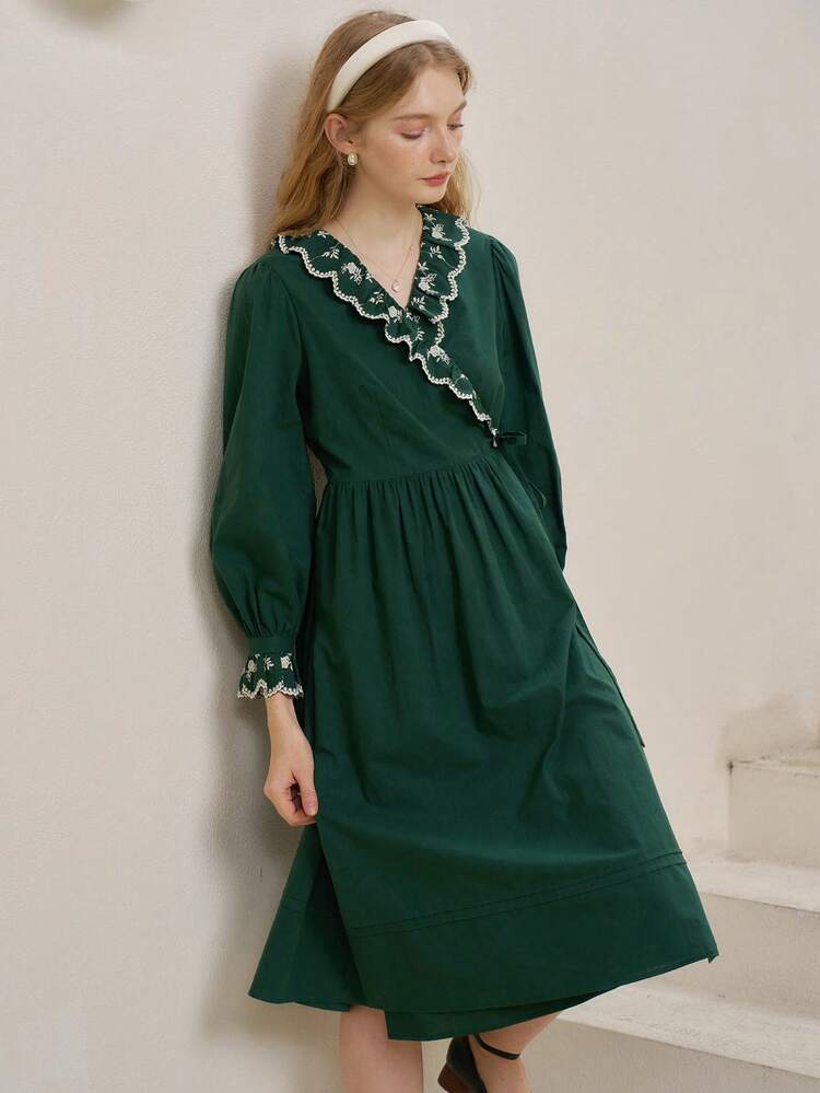 simple retro green dress Floral Embroidery Ruffle Trim Knot Side Wrap African Church