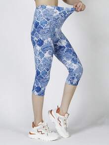 Floral Print Capri Leggings - Blue - View 4