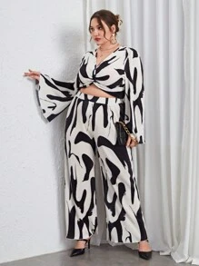 SHEIN Privé Plus Allover Print Twist Front Crop Top & Wide Leg Pants