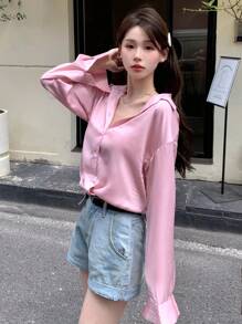 DAZY Letter Graphic Drop Shoulder Oversized Shirt - Pink - View 6
