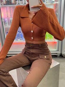 SHEIN Unity 素色前紐扣短款開衫 - 鏽棕色 - 查看 6