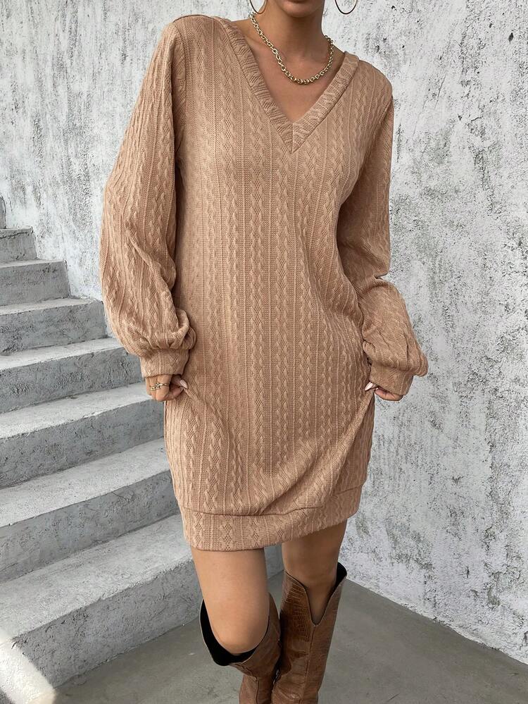 Solid Lantern Sleeve Sweatshirt Dress Without Belt