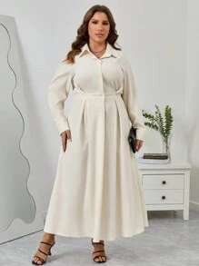 SHEIN Privé Plus Fold Pleated Detail Shirt Dress - White - View 4