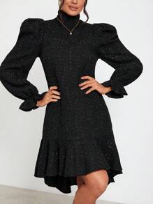 Claude Russell Vestido de cuello cisne de manga amplia bajo con fruncido - Negro - Ver 5