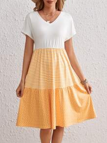 SHEIN VCAY Striped & Polka Dot Print Ruffle Hem Dress - Multicolor - View 1