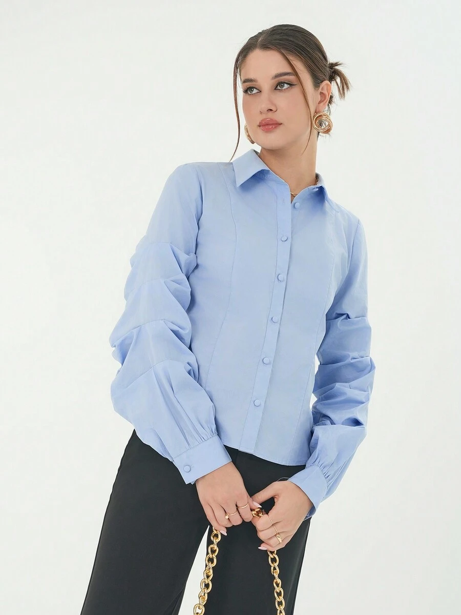 SHEIN Essnce 素色抽褶袖前紐扣襯衫 - 藍色 - 查看 1