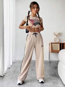 SHEIN Unity Đường may bên cạnh tương phản Eo dây rút quần ống rộng Quần thể thao - Màu Khaki - Xem 3