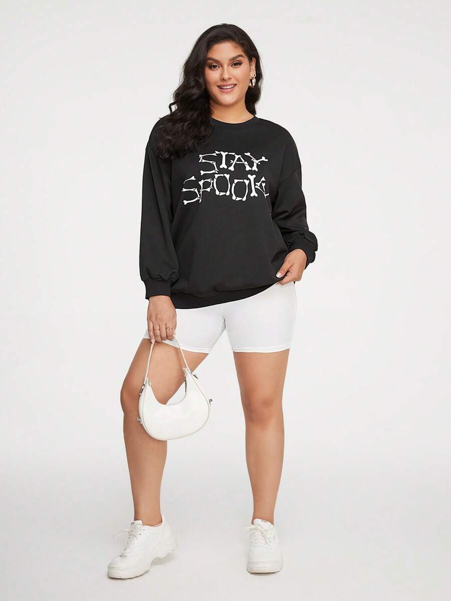 SHEIN Essnce Plus Letter Graphic Drop Shoulder Sweatshirt - Black - View 1
