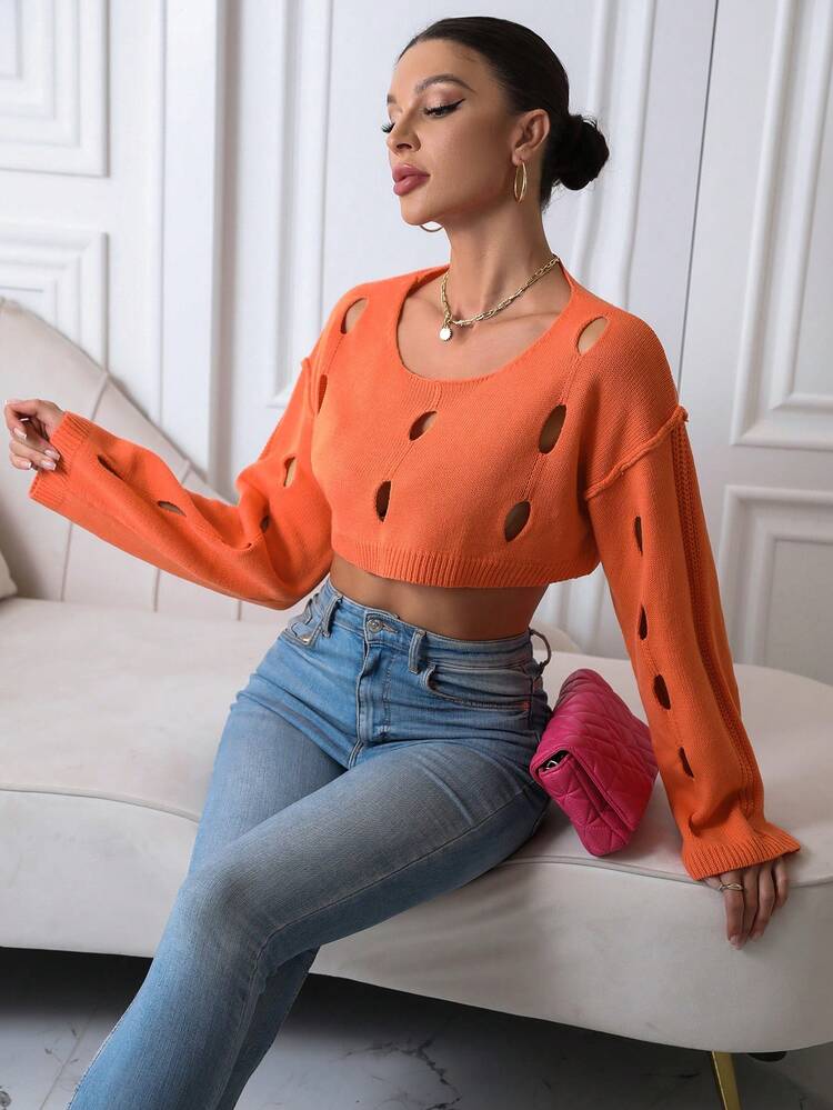 Cut Out Drop Shoulder Crop Knit Pullover Fall Winter Sweater
