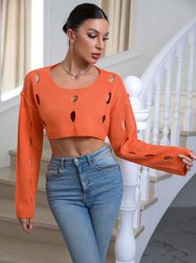 Zolique 露肩短款针织套头衫，适合秋冬季穿着 - 亮橙色 - 查看 1