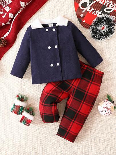 Baby Boy Double Breasted Borg Collar Jacket & Plaid Print Pants