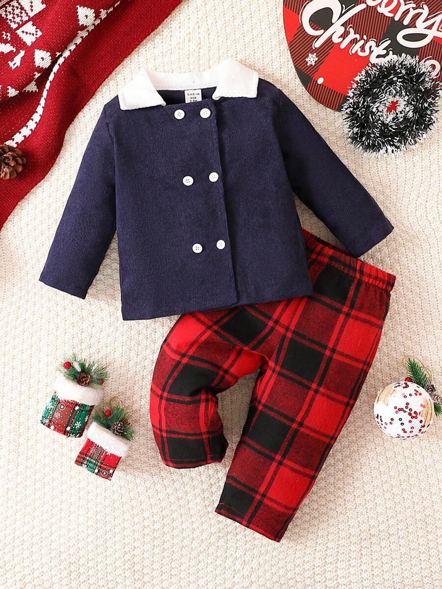 Baby Boy Double Breasted Borg Collar Jacket & Plaid Print Pants