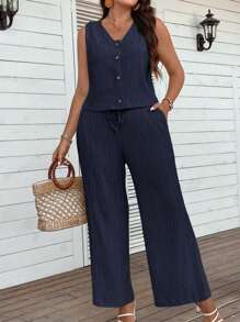 SHEIN LUNE Plus Button Front Tank Top & Wide Leg Pants - Navy Blue - View 1