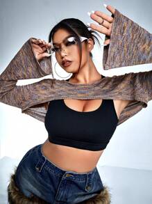 SHEIN ICON 大碼嬉皮士段染落肩袖超短版套頭毛衣不附胸罩 - 彩色 - 查看 9