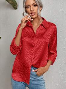 SHEIN Clasi Leopard Jacquard Satin Shirt - Red - View 1