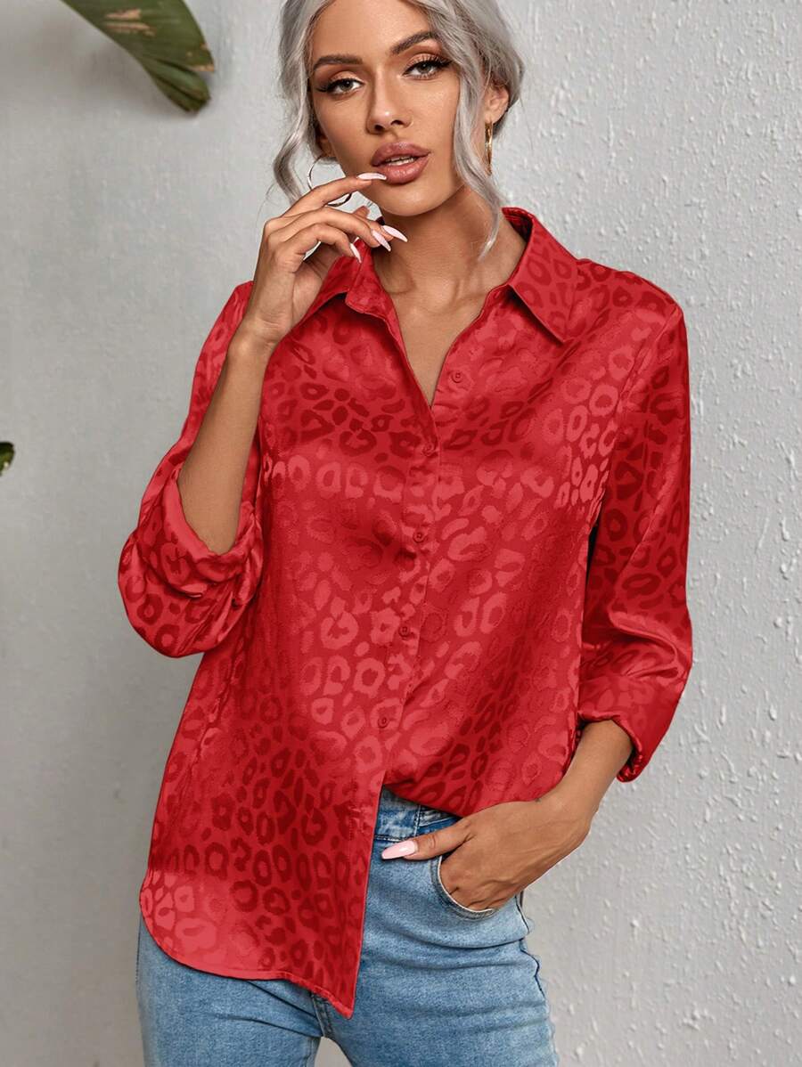 SHEIN Clasi Leopard Jacquard Satin Shirt - Red - View 1