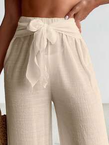 Swim Vcay Summer Beach Solid Tie Front Cover Up Pants - Apricot - View 5