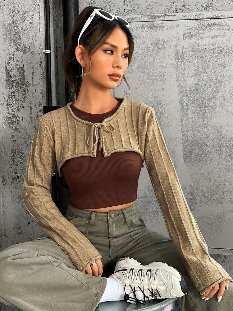 1pc Tie Front Super Crop Cardigan